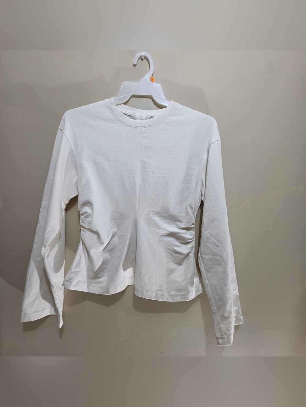 H&M Womens XS Off White Cotton Ruched Side Long Sleeve Crop Top